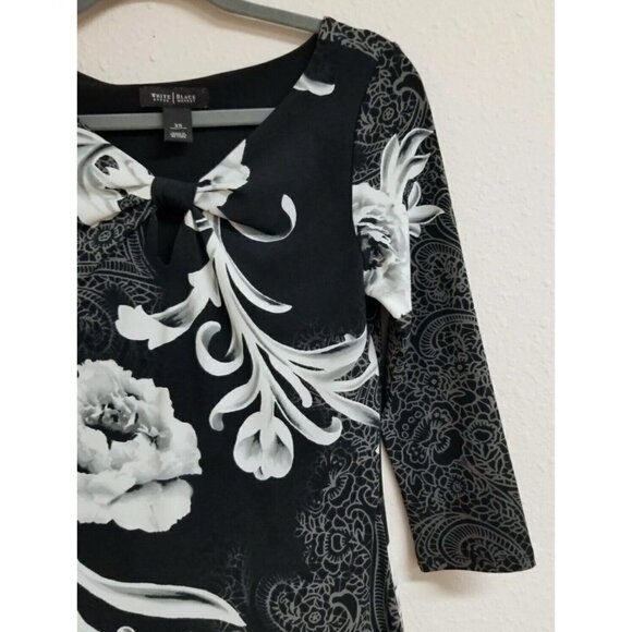 White House Black Market Sz XS Black Floral Print Keyhole Bow Slinky Shift Dress - Picture 4 of 9